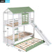 House Bunk Bed with Convertible Slide and Trundle, Solid Wood Bunk Bed Twin over Twin, for Kids Girls Boys (White+Green)