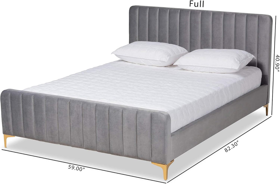 Nami Modern Contemporary Glam and Luxe Light Grey Velvet Fabric Upholstered and Gold Finished Queen Size Platform Bed
