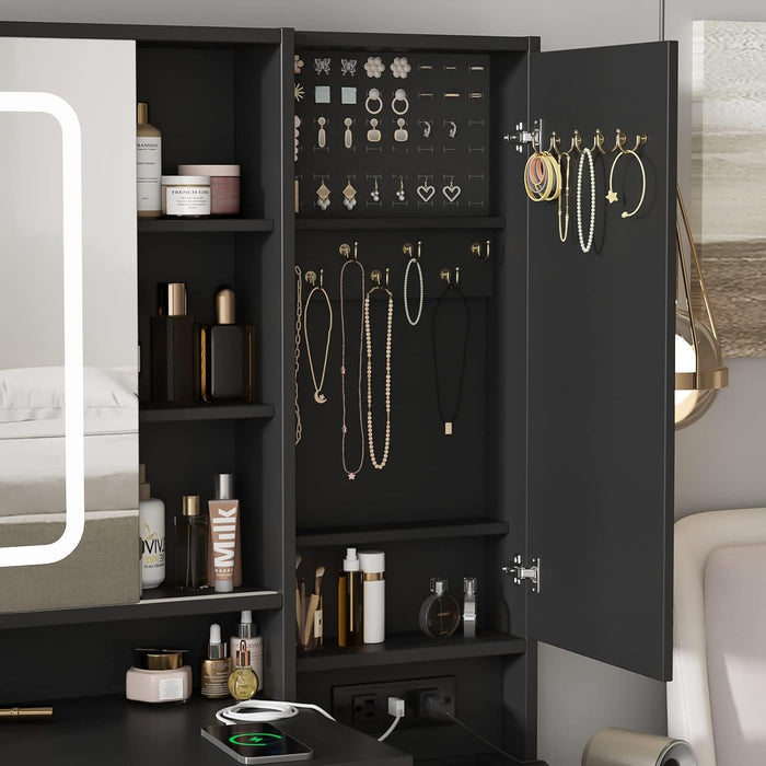 Vanity Desk with Mirror and Lights, Vanity Table Makeup Vanity with Lights 3 Drawers and Cabinets, Charging Station & Sliding Door, Lots Storage Shelves