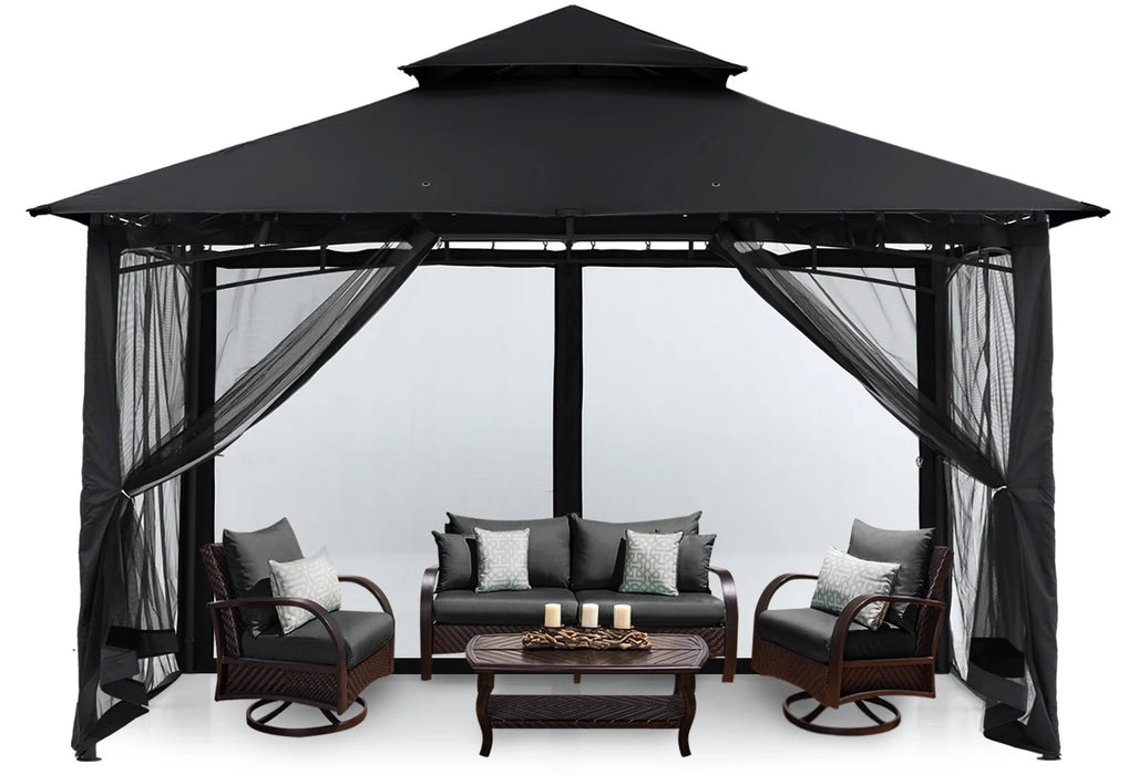 10' X 12' Outdoor Patio Gazebo Double Roof Steel Frame with Mesh Walls, Black