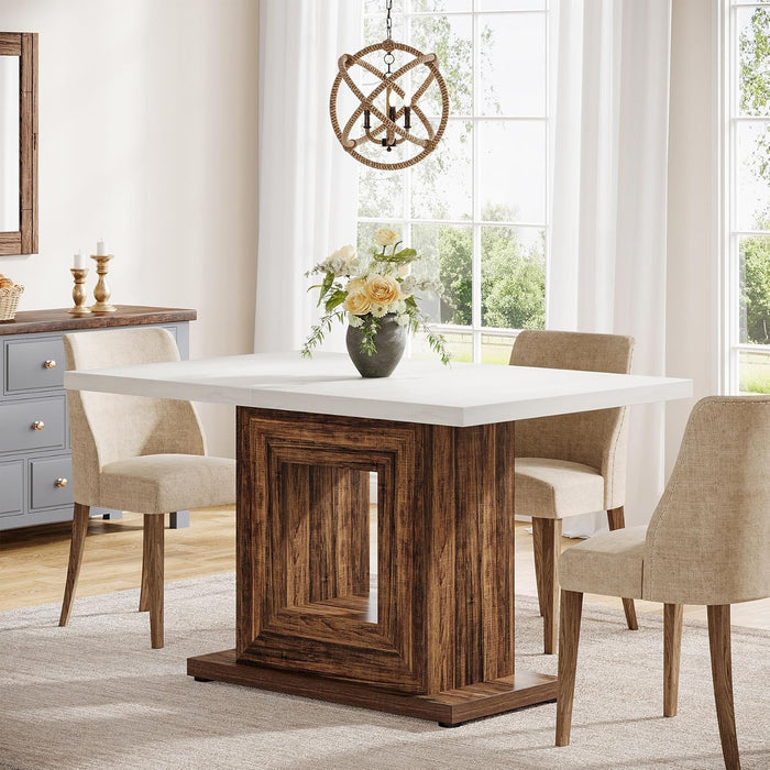 47-Inch Farmhouse Dining Table for 4, White Kitchen Dinner Table with Heavy Duty Pedestal, Rustic Wooden Eating Table for Home, Dining Room, Small Space, White & Brown