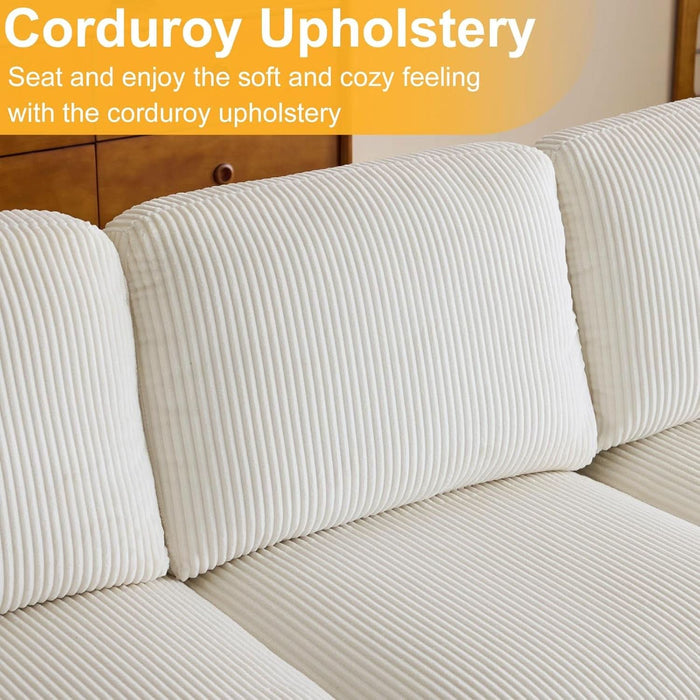 U-Shape Sectional Sofa Couch 111" Modern 4-Seat Sofa with Chaises Corduroy Fabric Upholstered Covertible Couch with Wood Grain Legs for Living Room, Reception Room, Apartment, Beige