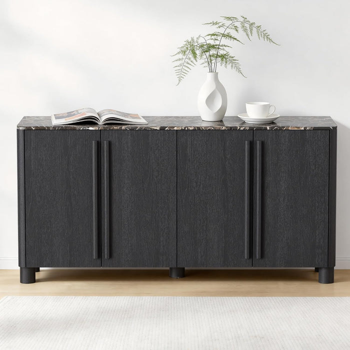 65" Sideboard Buffet Cabinet with Storage, Faux Marble Top Credenza with Adjustable Shelves, Curved Accent Cabinet with round Legs for Living Room, Entryway, Coffee Bar, Black Grey