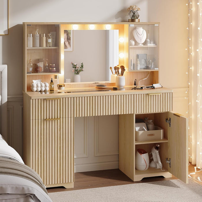 Fluted Makeup Vanity Desk with Mirror and Lights, Glass Top 48" Wood Vanities W/Charging Station , Dressing Table W/3 Drawers & 2 Large Storage Cabinets, Dustproof Organizer for Bedroom Gift(Natural)