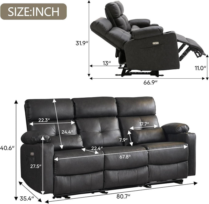 Power Reclining Sofa with Heat and Massage, Electric Reclining Couch with Extended Footrest, Wall Hugger Recliner Sofa 3 Seater with USB Ports & Cup Holders for Living Room, Bedroom