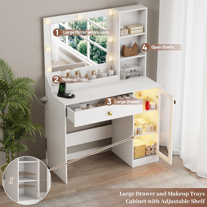 Makeup Vanity with Mirror and Lights, 34''W Dressing Table with Charging Station & RGB Glass Cabinet, Small Vanity Desk with 3 Color Lighting Modes & Adjustable Brightness