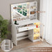 Makeup Vanity with Mirror and Lights, 34''W Dressing Table with Charging Station & RGB Glass Cabinet, Small Vanity Desk with 3 Color Lighting Modes & Adjustable Brightness