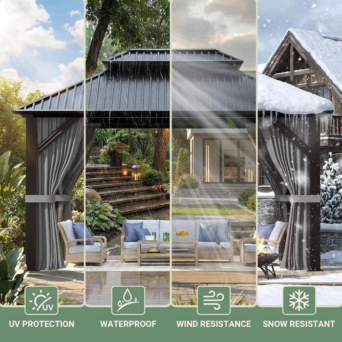 10'X12' Outdoor Gazebo Hardtop Grill Gazebo Aluminum Galvanized Steel Double Roof Outdoor Pergola Include Curtain and Netting for Backyard, Patio, Lawn