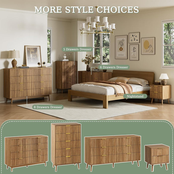55" Wide Fluted Dresser for Bedroom with 6 Drawer, Modern Chest of Drawers with Curved Profile Design and Metal Handles, Wood Dresser TV Stand & Storage Organizer for Living Room, Walnut
