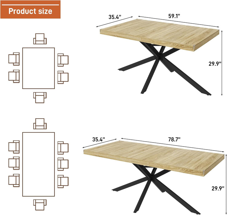 59In-78Inch Extendable Rectangular Dining Table for 6 8 People, Wood Long Dining Room Table W/Removable Leaves,Space Saving,Modern Dinner Table W/Waterproof Tabletop&Metal Legs for Kitchen Living Room