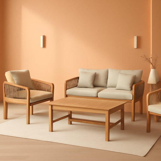 LVG1202A-4SET Tavira 4-Piece Modern Bohemian Acacia Wood Outdoor Patio Set with Cushions and Plain Decorative Pillows Coastal, Contemporary, Transitional, Rustic, Cottage, Beige/Light Teak