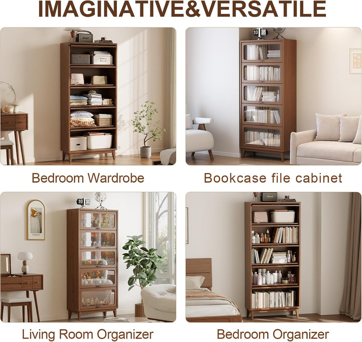 Solid Wood Bookcase with Tempered Glass Doors – Spacious 5-Tier Storage Shelf with Glass-Front Design, Flip-Top Hidden Doors for Apartments & Home Offices (72 Inches Tall)