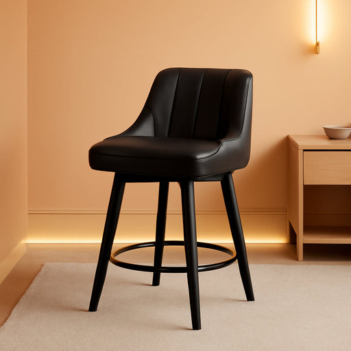 Counter Height Swivel Bar Stool, 24" Upholstered PU Leather Barstools Set of 4, Counter Stool Chair with Back & Solid Wood Legs for Kitchen Island Dining Room (Black)