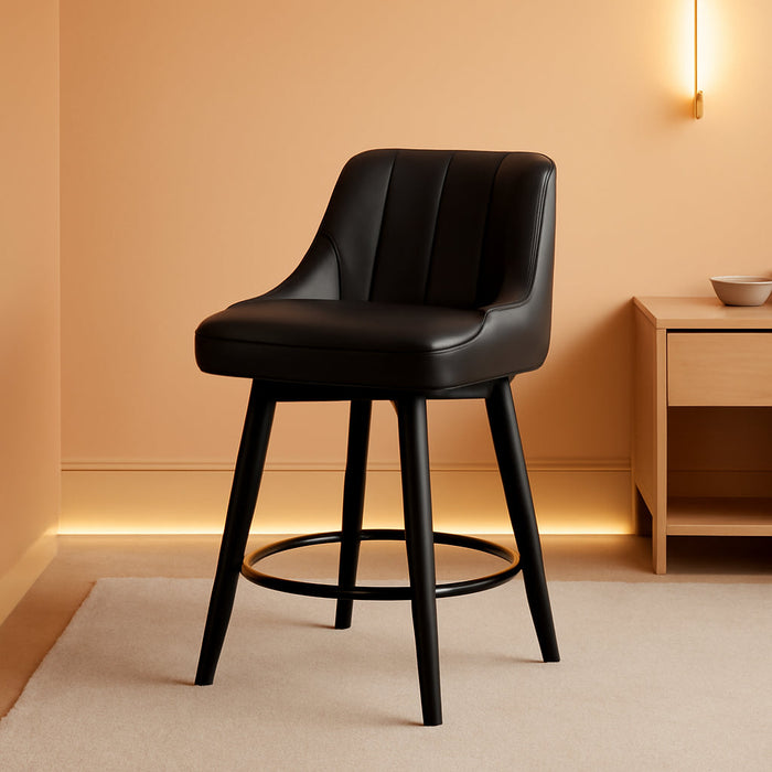 Counter Height Swivel Bar Stool, 24" Upholstered PU Leather Barstools Set of 4, Counter Stool Chair with Back & Solid Wood Legs for Kitchen Island Dining Room (Black)