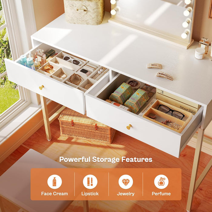 35.4" White and Gold Desk with 2 Drawers, Modern Makeup Vanity with Padded Stool, Small Computer Desk Home Office Desk for Writing Study Bedroom