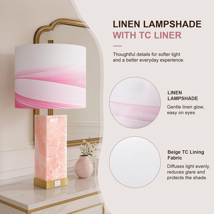 Pink Alabaster Table Lamp Set of 2 with Night Light for Bedroom