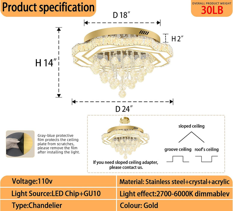 Gold Crystal Chandelier 24 Inch Dimmable Illumination
