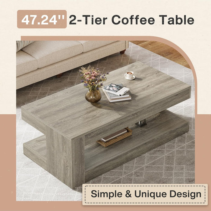 Coffee Table for Living Room, 47.24 Inch Farmhouse 2-Tier Accent Center Tea Cocktail Table with Storage, Elegant Grey, Rectangular