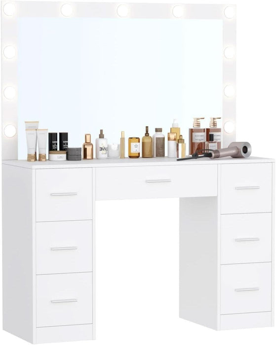 Vanity Table, Makeup Desk with Lighted Mirror, Dressing Desk with Drawers and Adjustable Brightness, 3 Color Lighting Modes, Vanity Desk for Women(White)