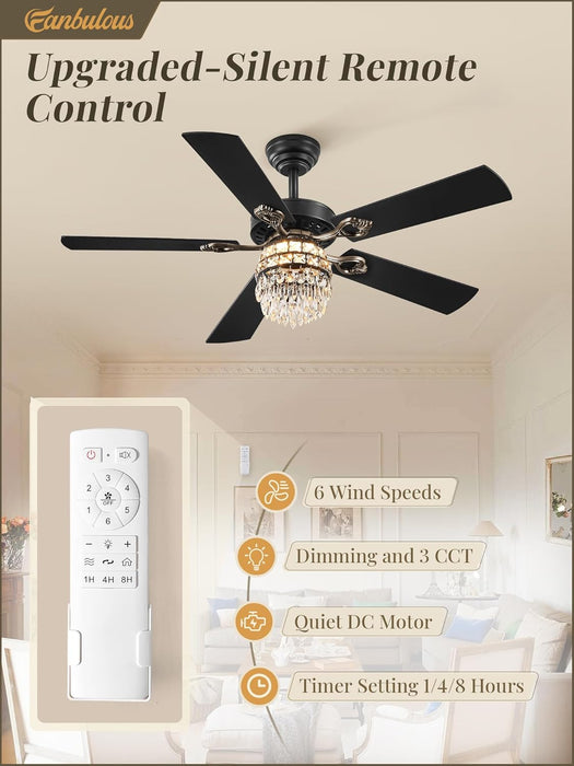 48 Inch Crystal Chandelier Fan with 22W LED, Fandelier Ceiling Fan with Light, Dimmable, 3CCT, 6-Speeds, Quiet DC Motor, Ceiling Fan Chandeliers, Modern Ceiling Fans for Bedroom, Living Room