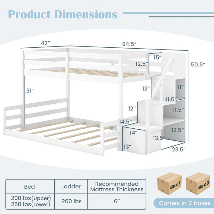 White SolidWood TwinOverFullBunkBed StairsGuardRails