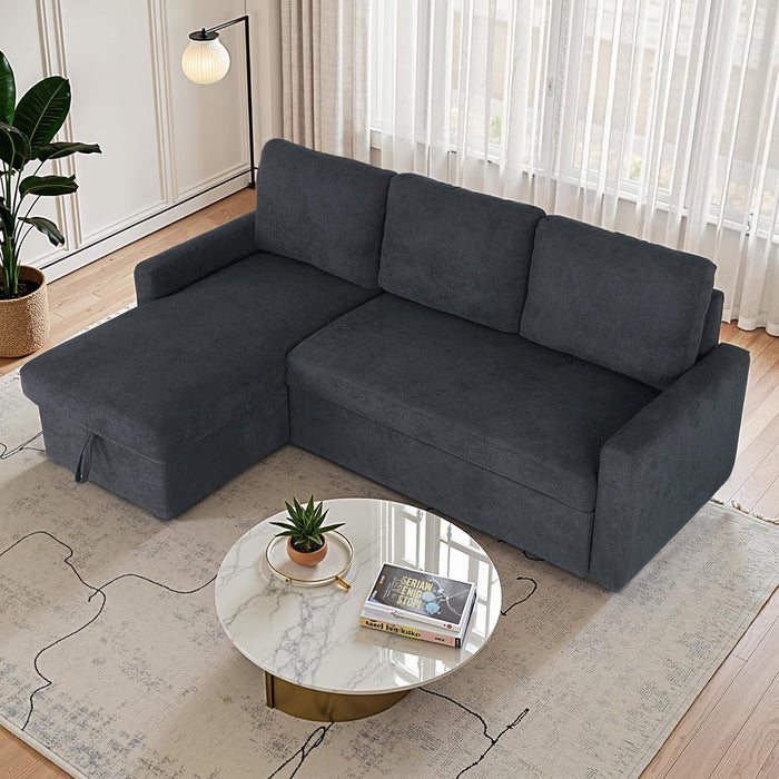 83-Inch Velvet-Black Pull-Out Sleeper Sofa With Storage