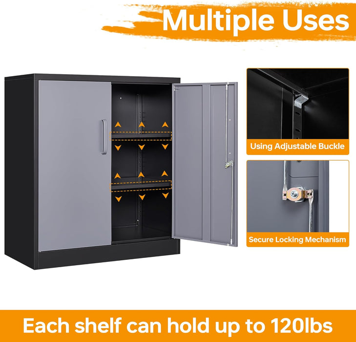 Metal Storage Cabinet, Storage Cabinet with 2 Adjustable Shelves, Steel Counter Cabinet with Lockable Doors for Home Office