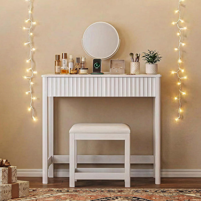 40 Inch Modern Desk with Drawers, Makeup Vanity Desk with Padded Stool, Small Home Office Desk for Bedroom, White