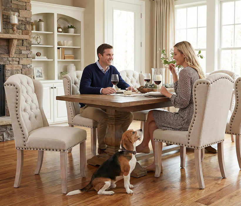 Modern Tufted Dining Chairs Set of 2, Linen Upholstered Dining Room Chairs Armless Guest Side Chair for Kitchen Dining Room, Wingback Accent Chairs with Solid Wood, Beige