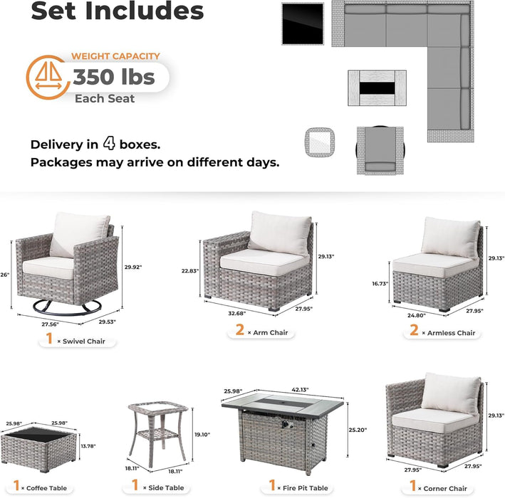 9 Pieces Patio Furniture Set, Outdoor Sectional Sofa with Swivel Rocking Chair, 42" Fire Pit Table, Wide Arms and Deep Seat, Modular Wicker Rattan Conversation Set, Beige