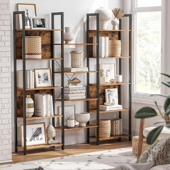 5-Tier Bookcase with 14 Shelves, Book Shelf with Metal Frame, Bookshelf for Living Room, Home Office, Industrial Style, 9.4 X 62.2 X 65.4 Inches, Rustic Brown and Black ULLS107B01