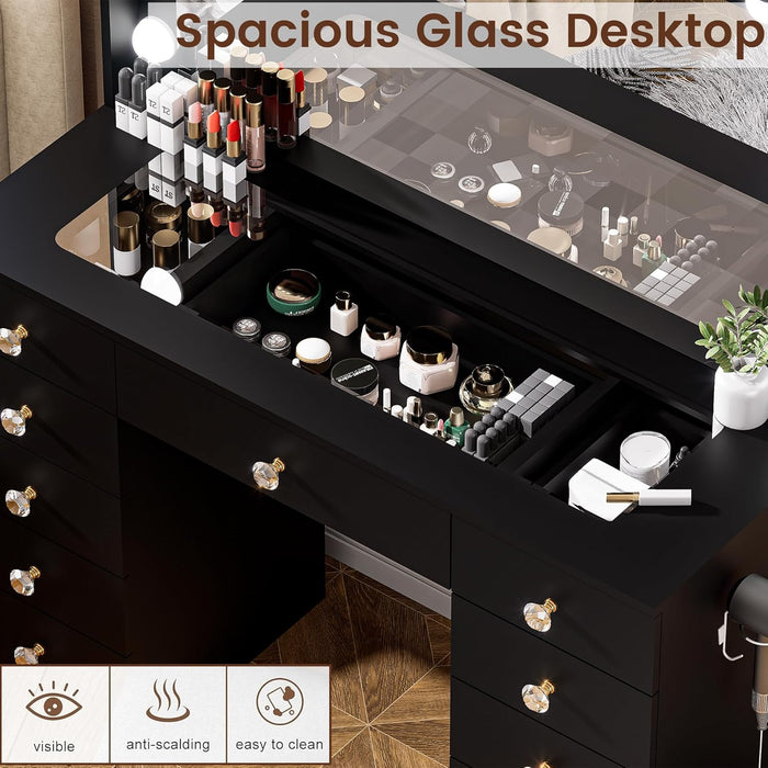 42.1" Vanity with Large Mirror and 10 LED Lights, Vanity Desk with Glasstop, 11 Drawers with Crystal Handles, Dressing Table with Power Outlet as Gift for Women, Girls (Black)