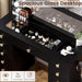42.1" Vanity with Large Mirror and 10 LED Lights, Vanity Desk with Glasstop, 11 Drawers with Crystal Handles, Dressing Table with Power Outlet as Gift for Women, Girls (Black)