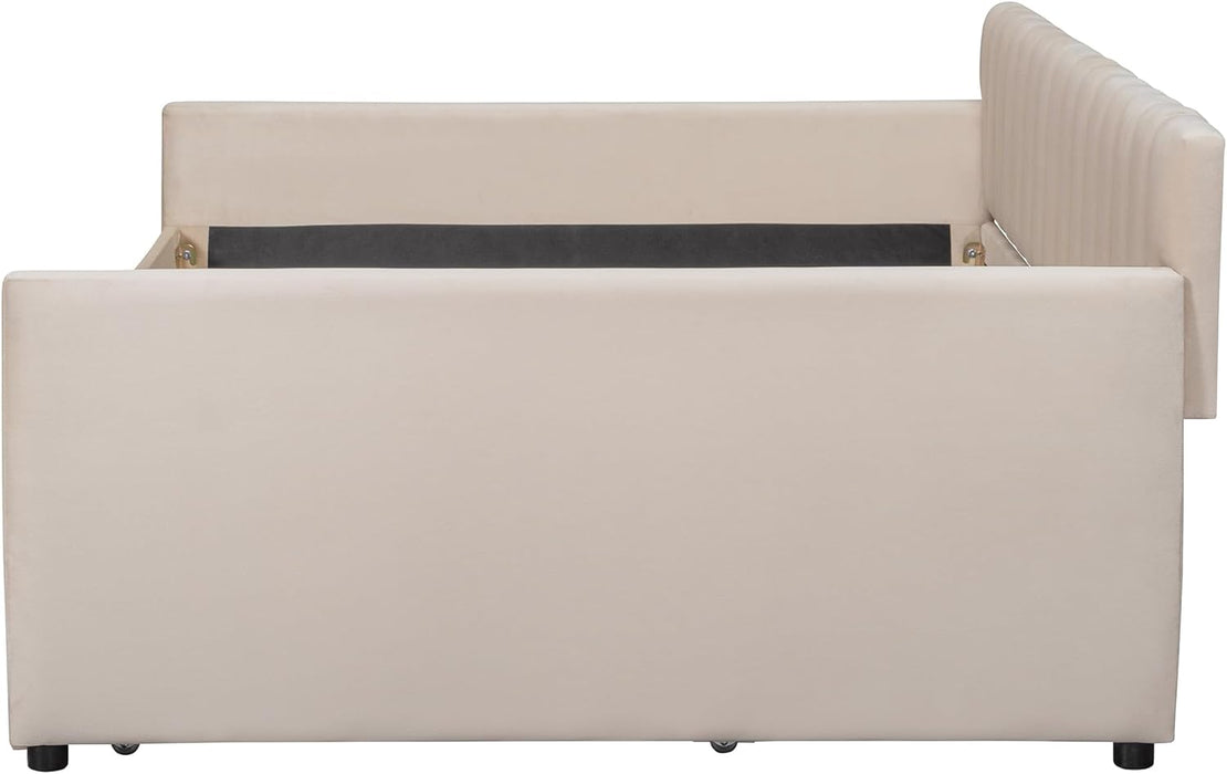 Full Size Daybed with Trundle, Upholstered Day Bed Frame Velvet Sofa Beds with Vertical Channel Tufted Headboard for Living Room, Bedroom, Beige