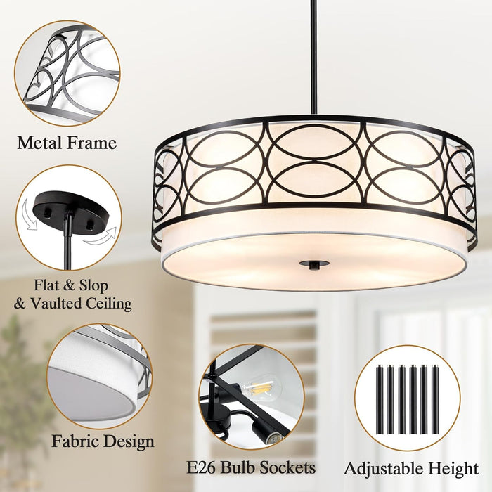 22Inch Drum Chandelier Farmhouse White Fabric Shade
