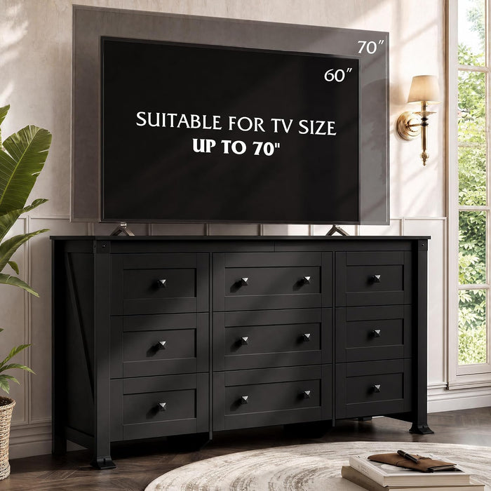 9 Drawer Dresser Black, 62" Wide Wooden Chest with Anti-Tip Structure