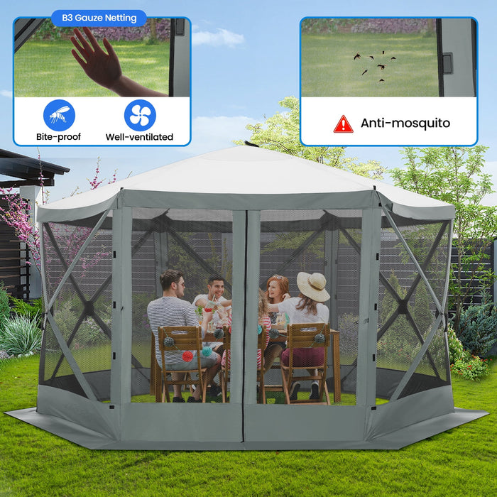 12X12Ft Pop-Up Gazebo EZ Set-Up Camping Canopy Tent with 6 Sides Mosquito Netting, Waterproof, UV Resistant, Portable Screen House Room, Outdoor Party Tent with Carry Bag, Ground Spike, Gray