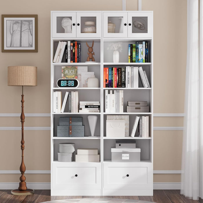 85.5" Tall Display Cabinet with Drawer, 7 Tier White Bookcase with Open Shelves and Glass Door, 23.8" Wide Curio Storage Cabinet for Living Room, Home Office, Study (2-Pack)