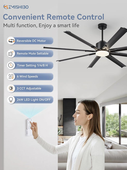 72 Inch Aluminium Blade Ceiling Fans with Lights and Remote, Outdoor Ceiling Fans for Patio Living Room with Quiet DC Motor, 6 Speed Reversible, 3 CCT, Black Industrial Ceiling Fan, 8 Blades