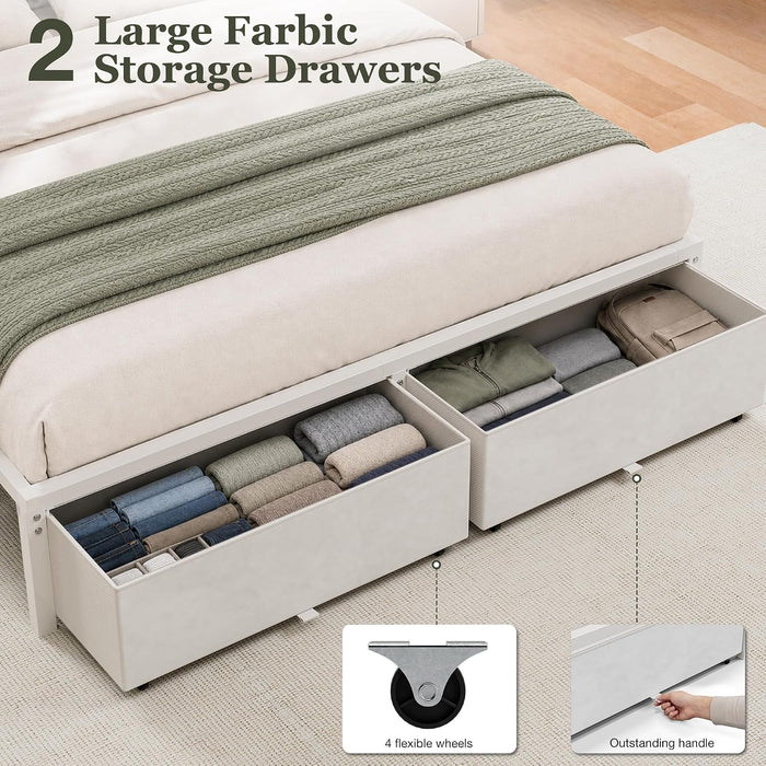 Queen Bed Frame with 2 Storage Drawers, White Velvet Upholstered