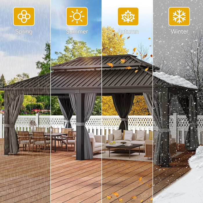 18X12Ft Aluminum Gazebo Hardtop Double Roof Canopy Outdoor Gazebo Galvanized Roof with Netting and Curtain Garden Tent for Patio, Backyard and Deck