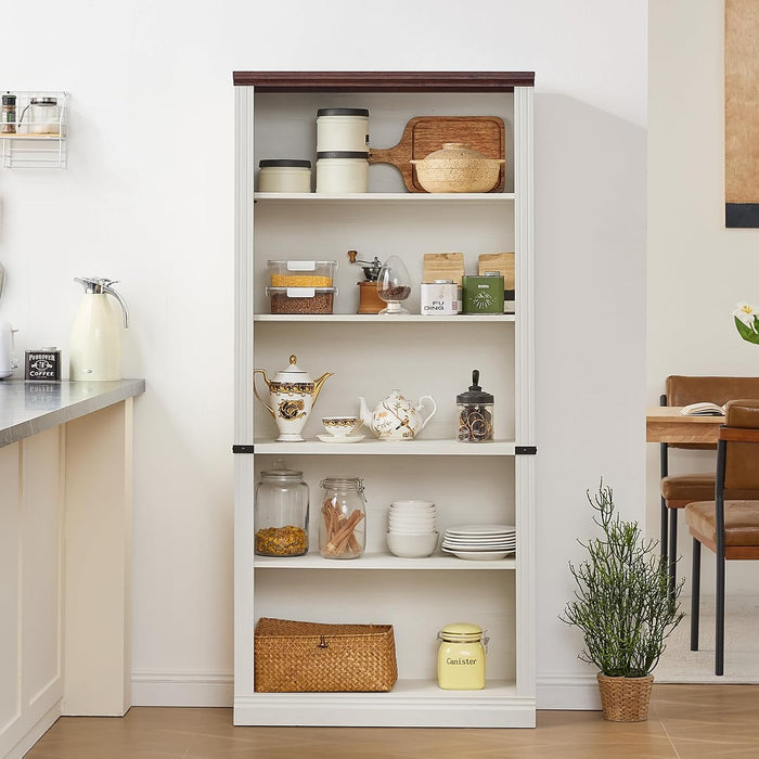 70" White Tall Book Shelf, 5 Tier Wooden Farmhouse Bookcase | Adjustable Shelves Book Case, Open Display Storage, Wood Veneer Bookshelves, Thick Sturdy Base, for Living Room,Office