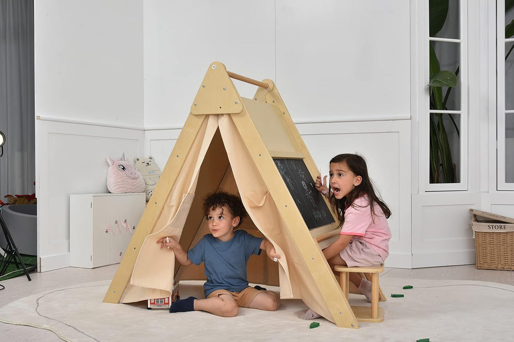 Oak Foldable Triangle Climber 5 in 1 Kids Playhouse Hideaway Montessori Learning Play Tent, Desk, Chair Stool, Art Easel, Chalkboard, Teepee Climbing, Crawling Tunnel Toy Toddler Playset