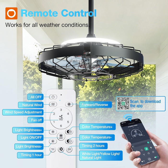 20 Inch Outdoor Ceiling Fan with Light for Patio, IP65 Waterproof Plug in Caged Hanging Fan, Remote Control, 3 CCT, 6 Speeds Reversible Outdoor Fan for Gazebo, Pergola, Porch