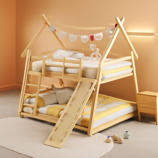 TwoTier Overhead Queen SolidWood Bunk Bed ClimbingNets