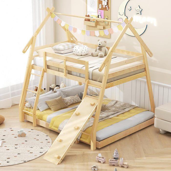TwoTier Overhead Queen SolidWood Bunk Bed ClimbingNets