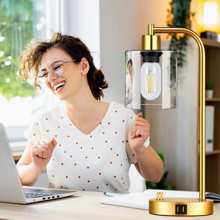 Set of 2 Industrial Table Lamps with 2 USB Port, Gold Fully Stepless Dimmable Bedside Lamps for Bedrooms, Nightstand Desk Lamps with Clear Glass Shade for Reading Living Room Office 2 LED Bulb