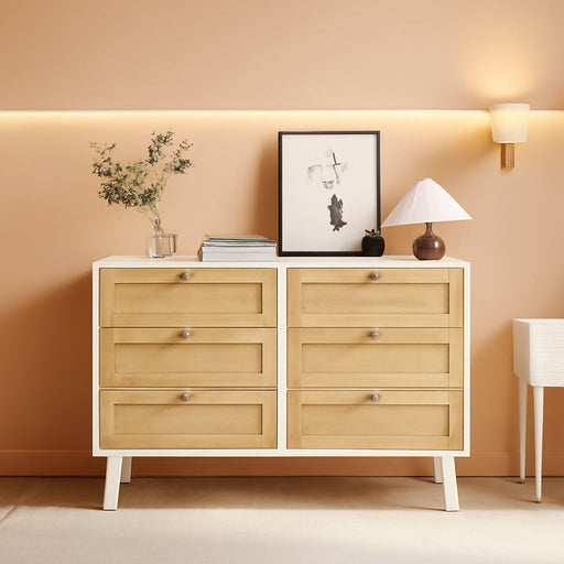 6 Drawer Rattan Modern Dresser for Bedroom, Wooden Dresser Chest with Handles for Bedroom, Living Room and Hallway, White