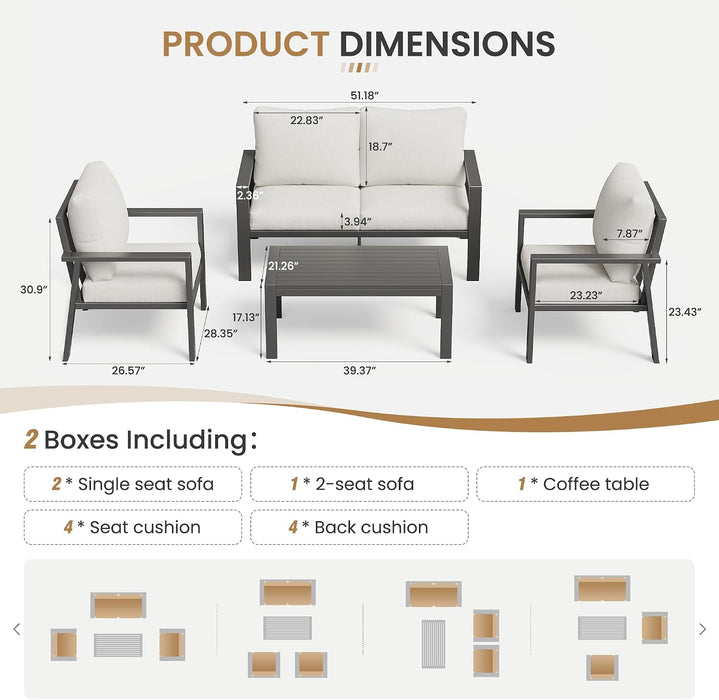4-Piece Aluminum Outdoor Patio Furniture Sets All-Weather Patio Conversation Set Sectional Sofa with Coffee Table & Cushions with Removable Covers for for Deck Backyard Garden Poolside Balcony Porch