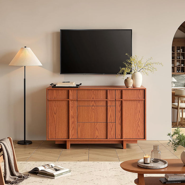 47.2" Buffet Cabinet with Storage, Skeleton Line Design, Cherry | Sideboard with Drawers, Mid Century Modern Accent Cabinet with Wood Gain, Console Cabinets for Living Dining Room Entryway